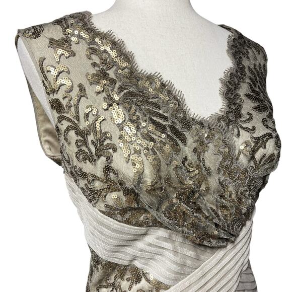 TADASHI SHOJI Smoke Pearl Gold Sequin Beige Mesh Sheath Dress Size 8 - Picture 4 of 8